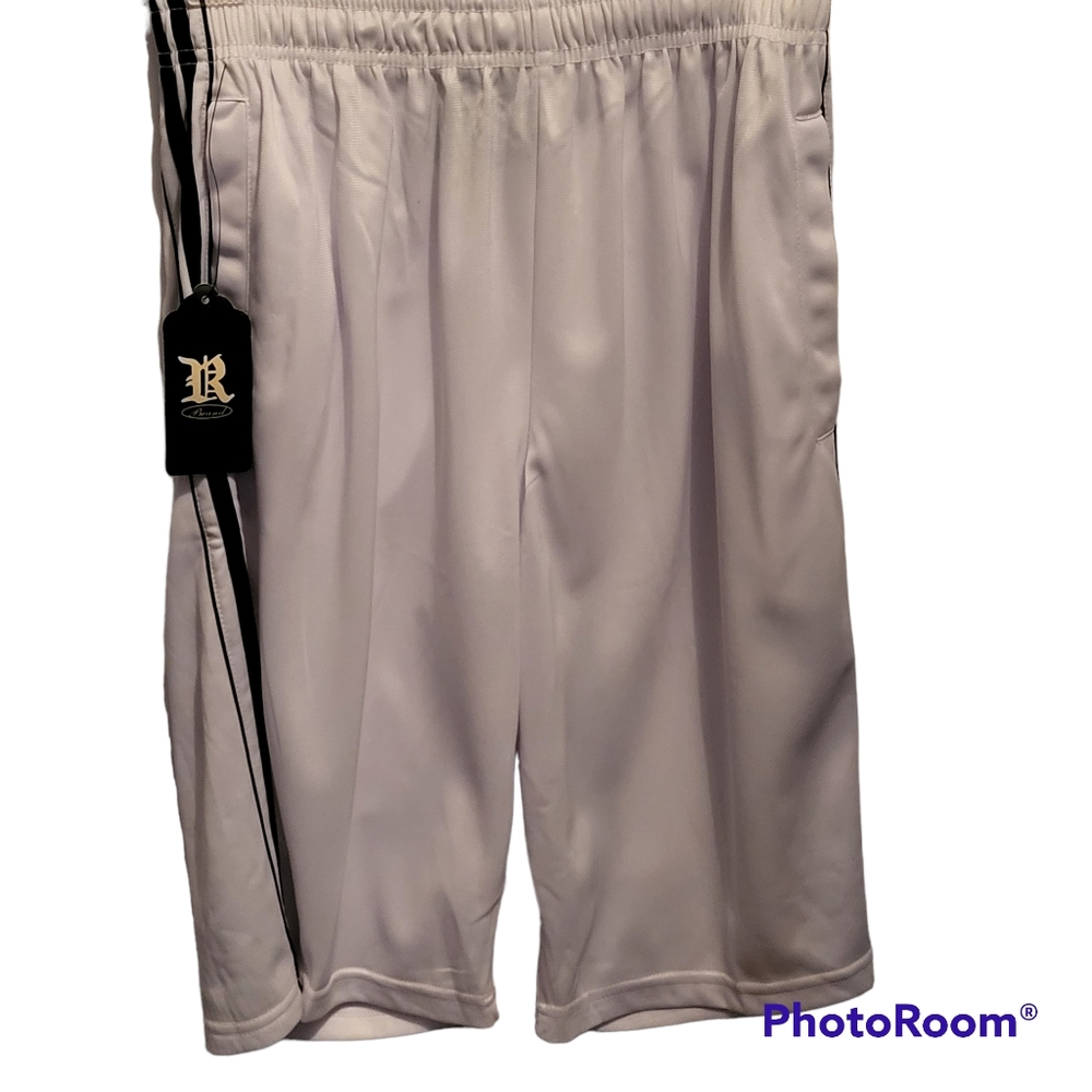 "R" Brand Men's Basketball Shorts Size Medium White with Black Stripes